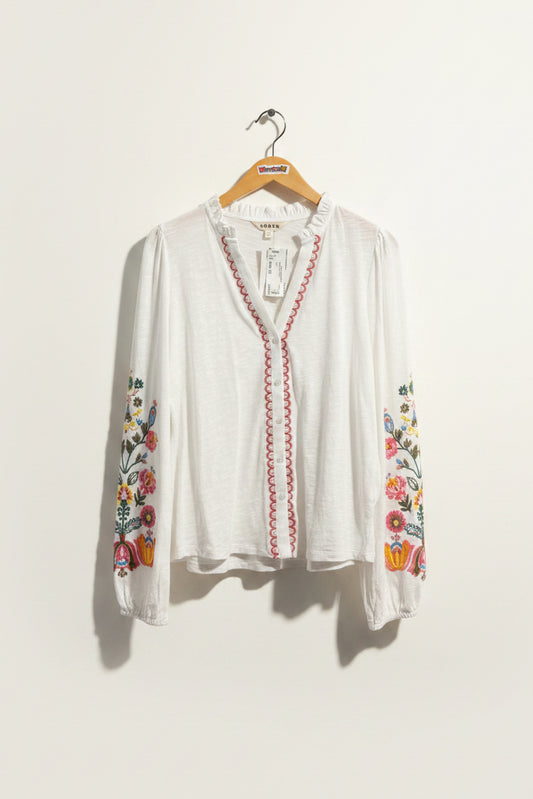 Boden LS Button Up Embroidered Flowers White/Multi Ladies Size 10