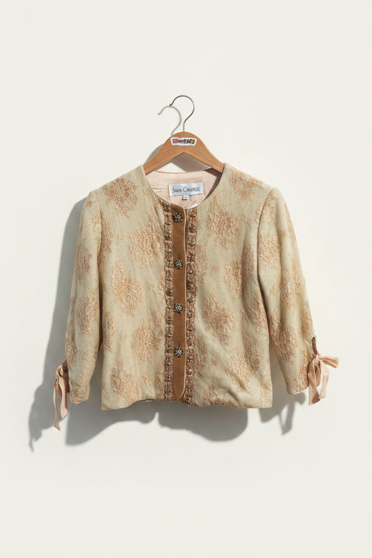Sara Campbell Blazer Lace Gem Stone Buttons Silk Lined Mint/Brown Ladies Size 6