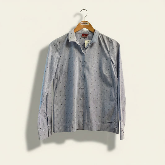 Lion of Porches Button Up Blouse Stripes and Dots Blue Ladies Size M