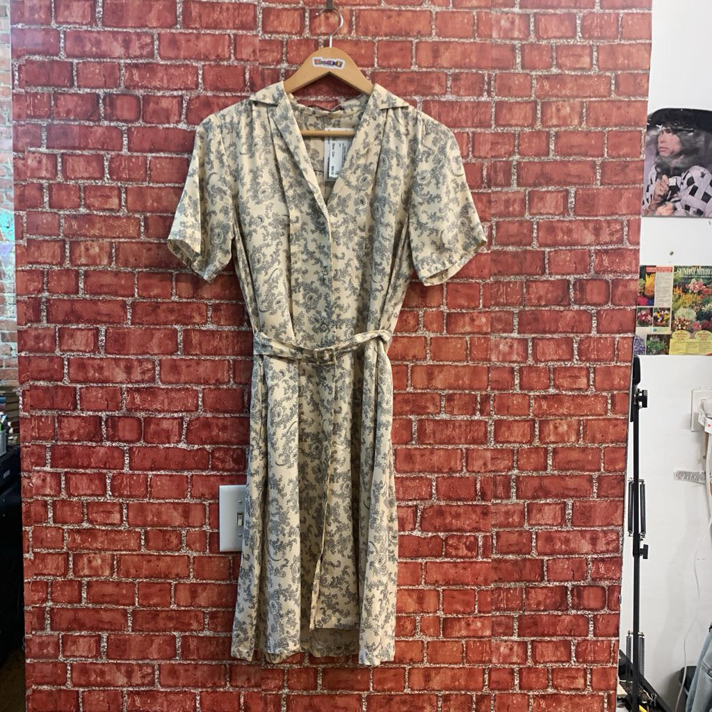 Comptoir Des Cotonniers Midi Dress Short Sleeve Button Up Plant Pattern Silk Blend Tan/Grey