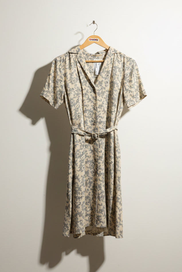 Comptoir Des Cotonniers Midi Dress Short Sleeve Button Up Plant Pattern Silk Blend Tan/Grey Size M