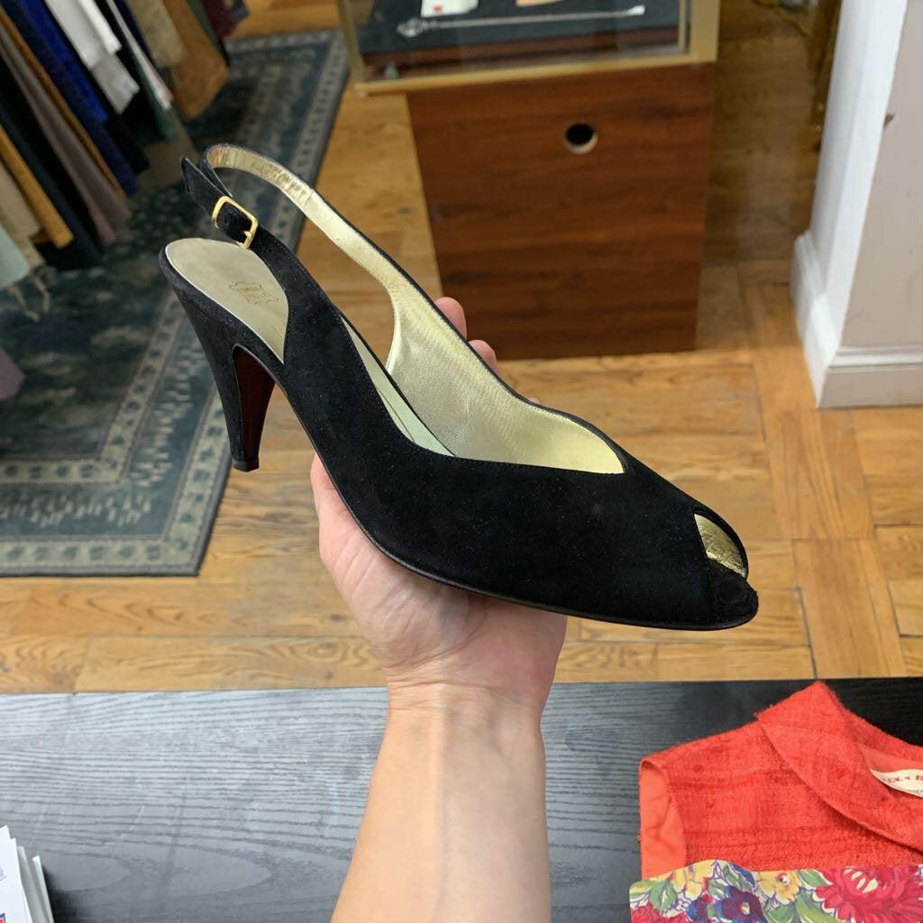 NIB Bruno Magli Vintage Peep Toe Heels Suede Slingback Black Size 8.5