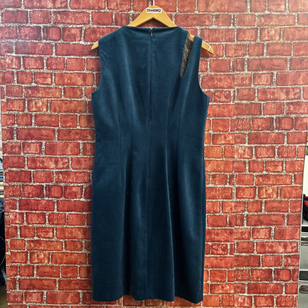 Elie Tahari Midi Dress Chain Link Shoulder Tank Velvet Blue Size 8
