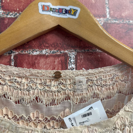 Free People Tee Popcorn Pattern Mesh Stripes Pinkbeige Size M