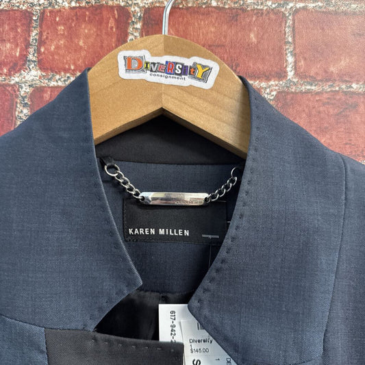 Karen Millen One Button 2-Tone Bandless Collar Navy Blue Size 6 detail view