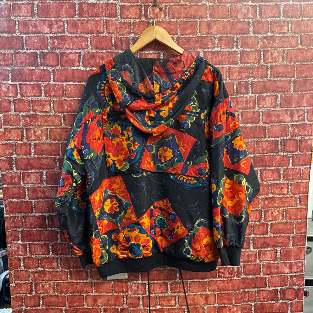 Carol Horn Silk Jacket Hood Floral Black/Red/Multi Size L