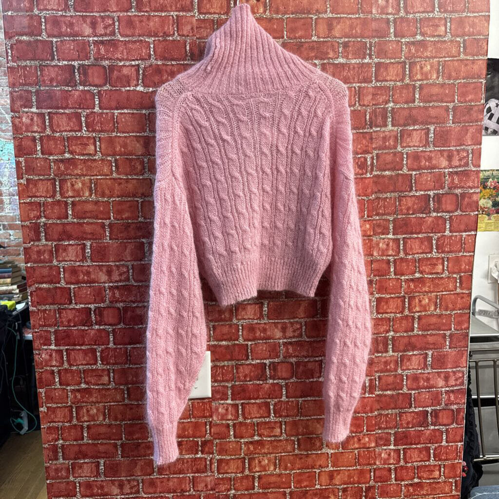 Ganni Sweater Turtleneck Cable Knit Crop Pink