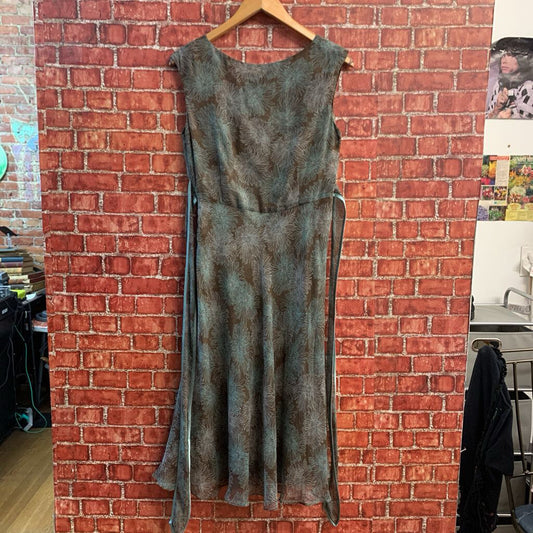 Adrianna Floral Pattern Brown & Blue Silk Midi Dress Size 10