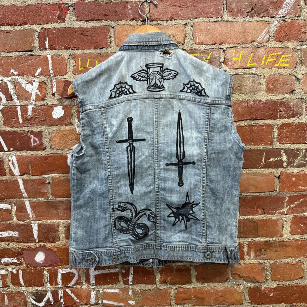 Hiss Off Blue Denim Vest Studded & Patchwork Size 1