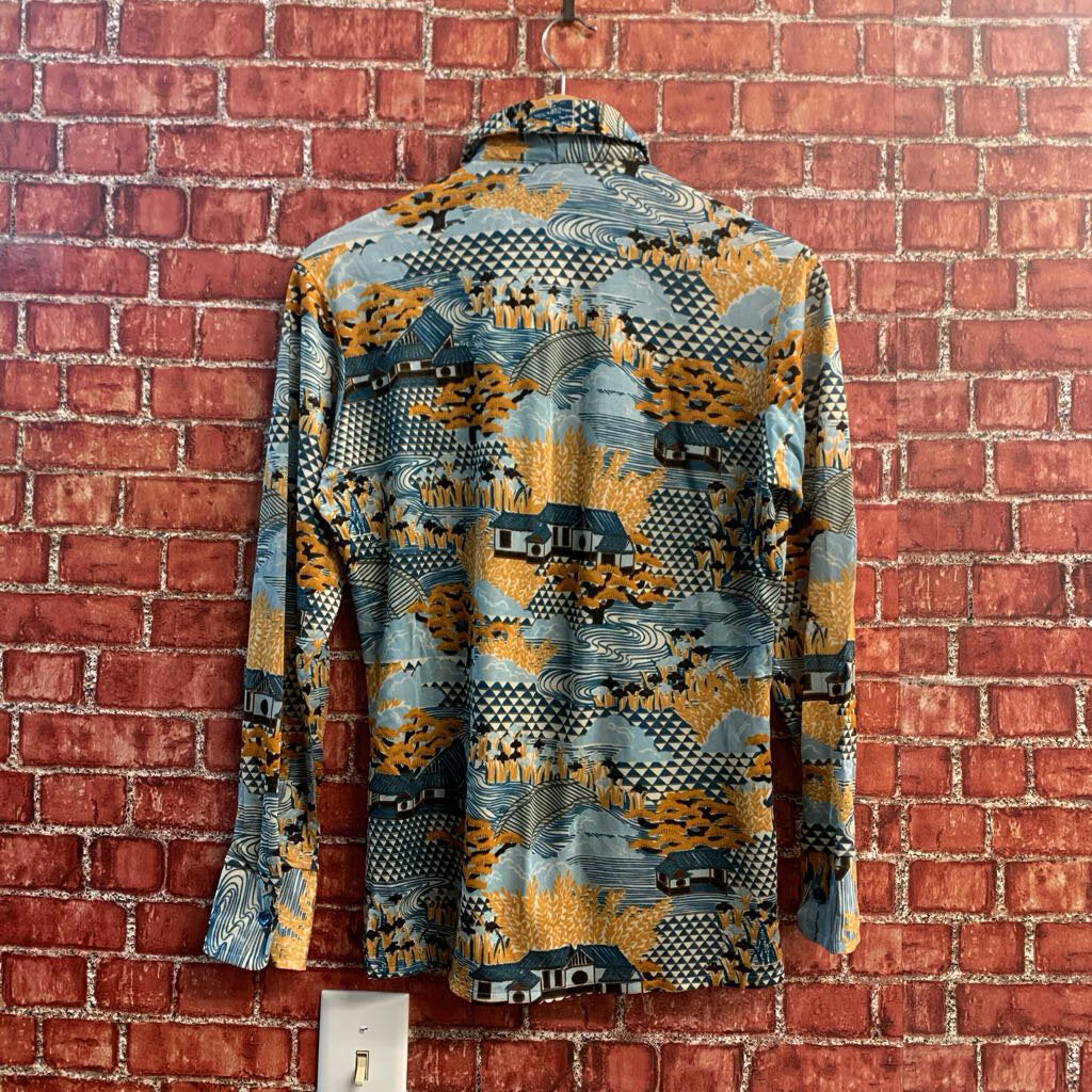 Sutton Collection Vintage Button Up House Pattern Blue/Brown Size 14
