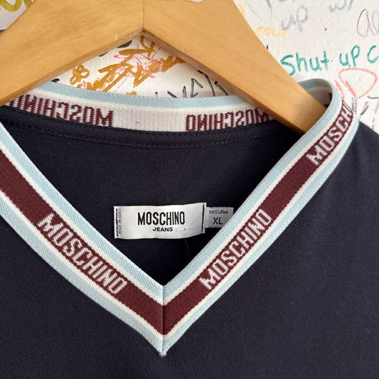 Moschino V-Neck T-shirt Navy/Brown/White Size XL