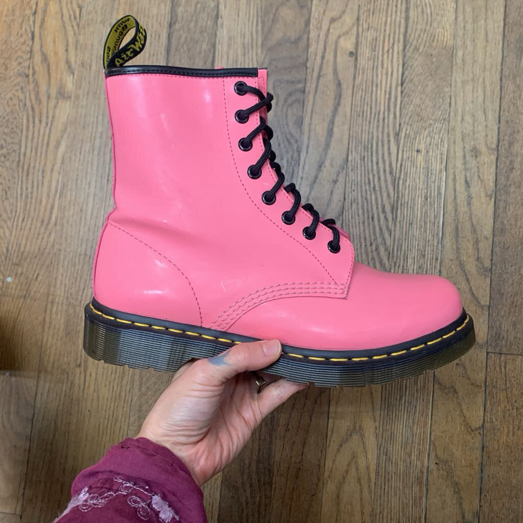 Dr. Martens 1460 pink patent leather boots size 9L detail view