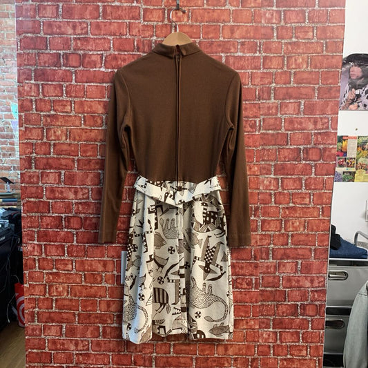 Lanz Original Vintage Midi Dress Mock Neck Animal Print Brown/Ivory Size 11