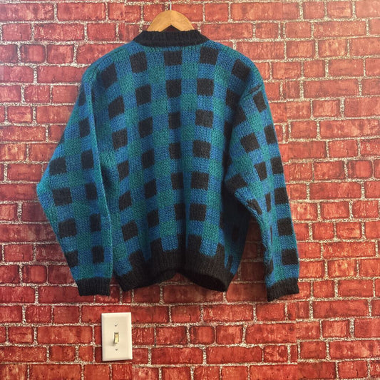 JL Plum Vintage Cardigan Mohair Blend Checkered Black/Teal Size S