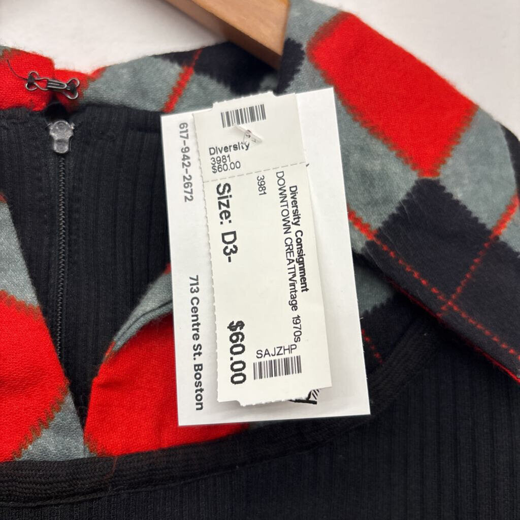 Vintage 1970s Tunic/Mini Dress Argyle Black/Grey/Red Ladies Size S
