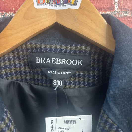 Braebrook Vintage Blazer Double Breasted Houndstooth Wool Suede Collar Navy/Olive Ladies Size 9/10