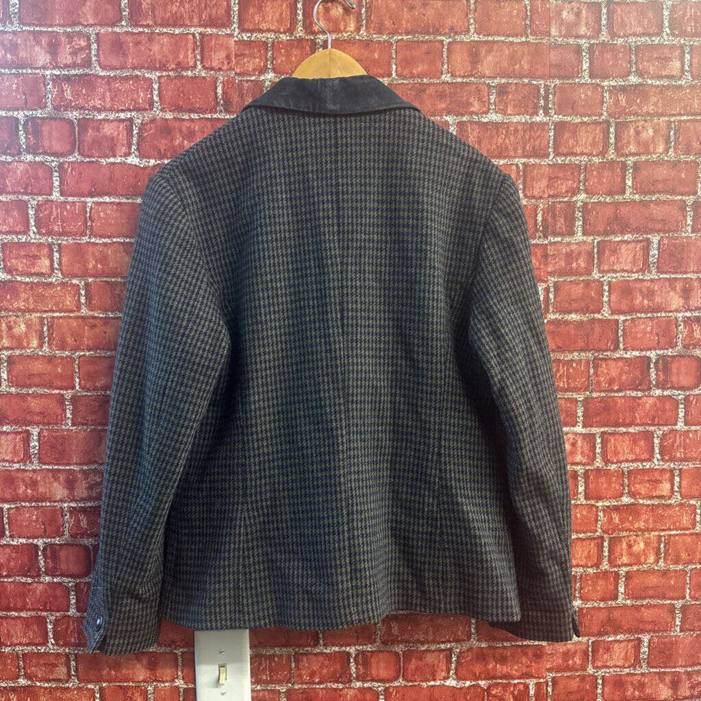 Braebrook Vintage Blazer Double Breasted Houndstooth Wool Suede Collar Navy/Olive Size 9/10