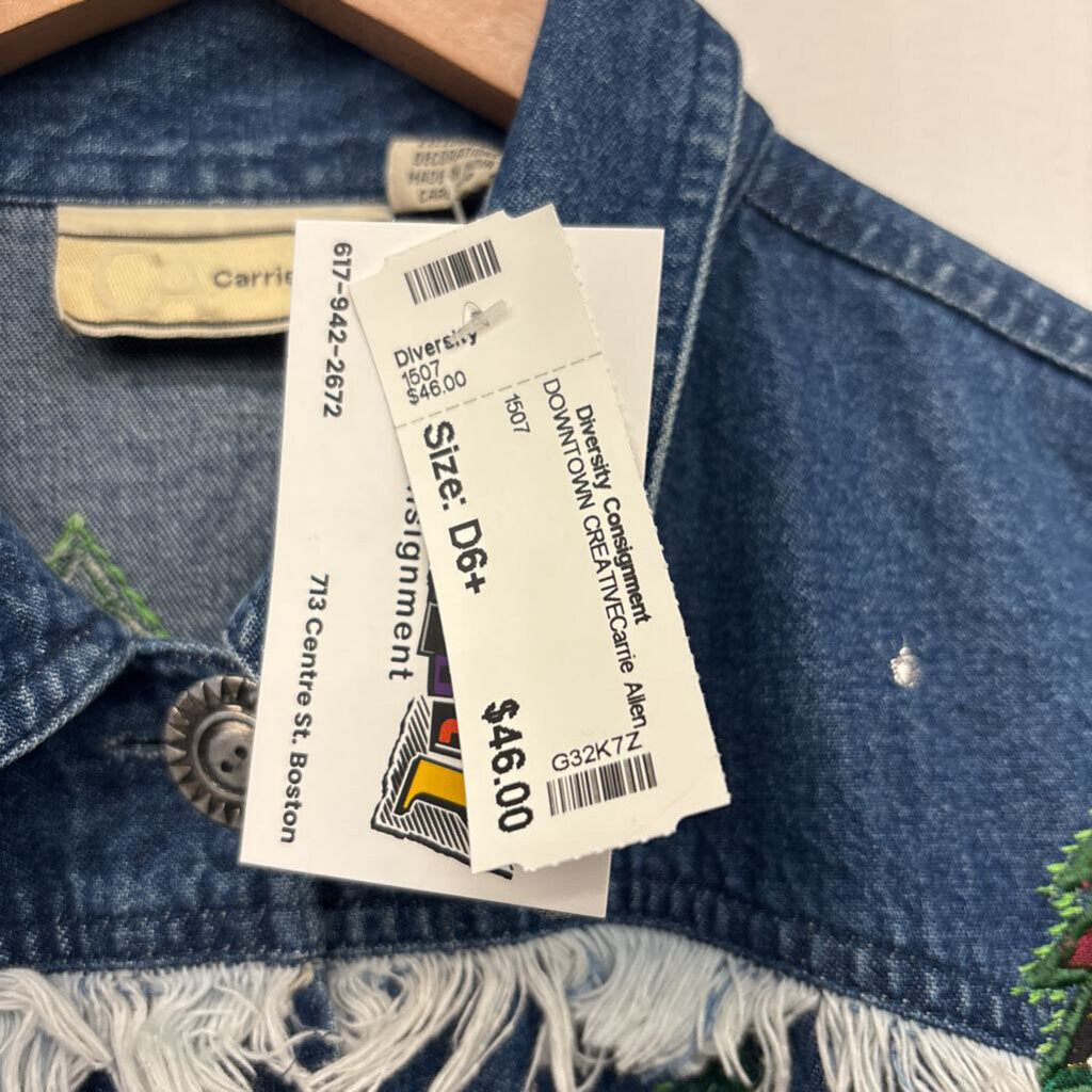 Carrie Allen Vintage Jacket Denim Pine Trees Fringe Blue/Green Size M