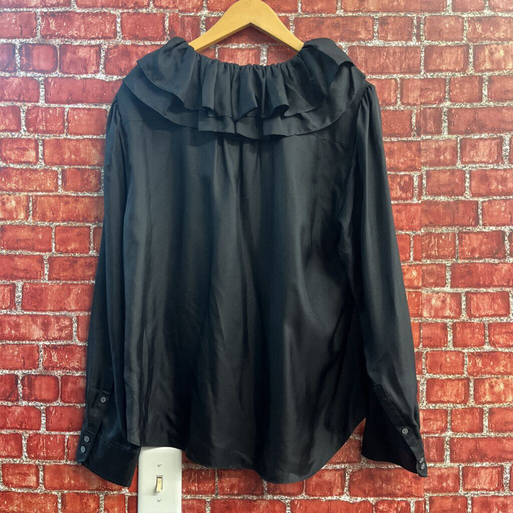 J. Crew NWT Silk Twill Ruffle Collar Button Up Top Black Size L