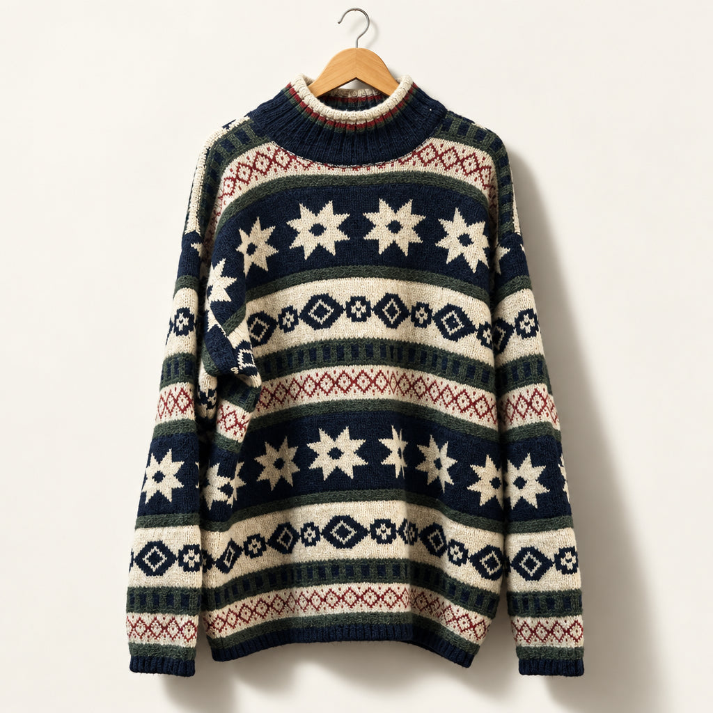 Quest Clothing Knitted Turtleneck Sweater Patterned Blue/Red/Green/White Men’s Size L