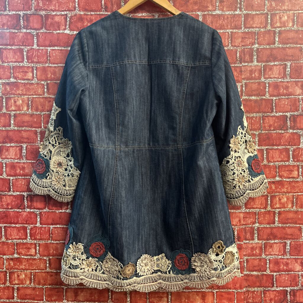 Chicos Midi Jean Jacket Floral Textile Blue Ladies Size 1