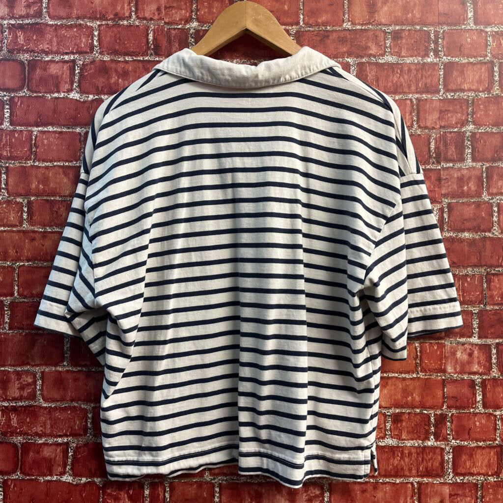 Gap Polo Tee 1/2 Button Crop Stripes Navy/White Ladies Size L