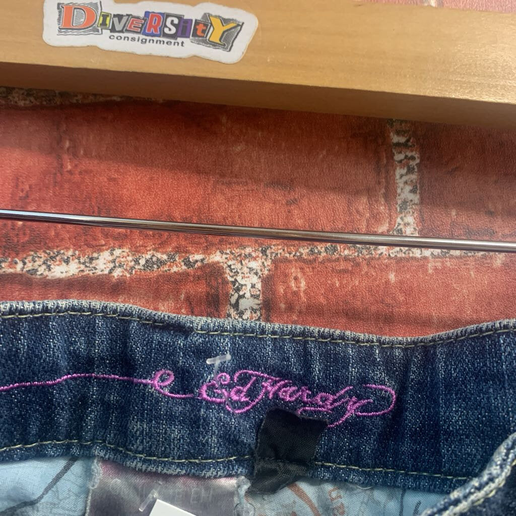 Ed Hardy Jorts Graphic Design Blue/Pink Ladies Size 16