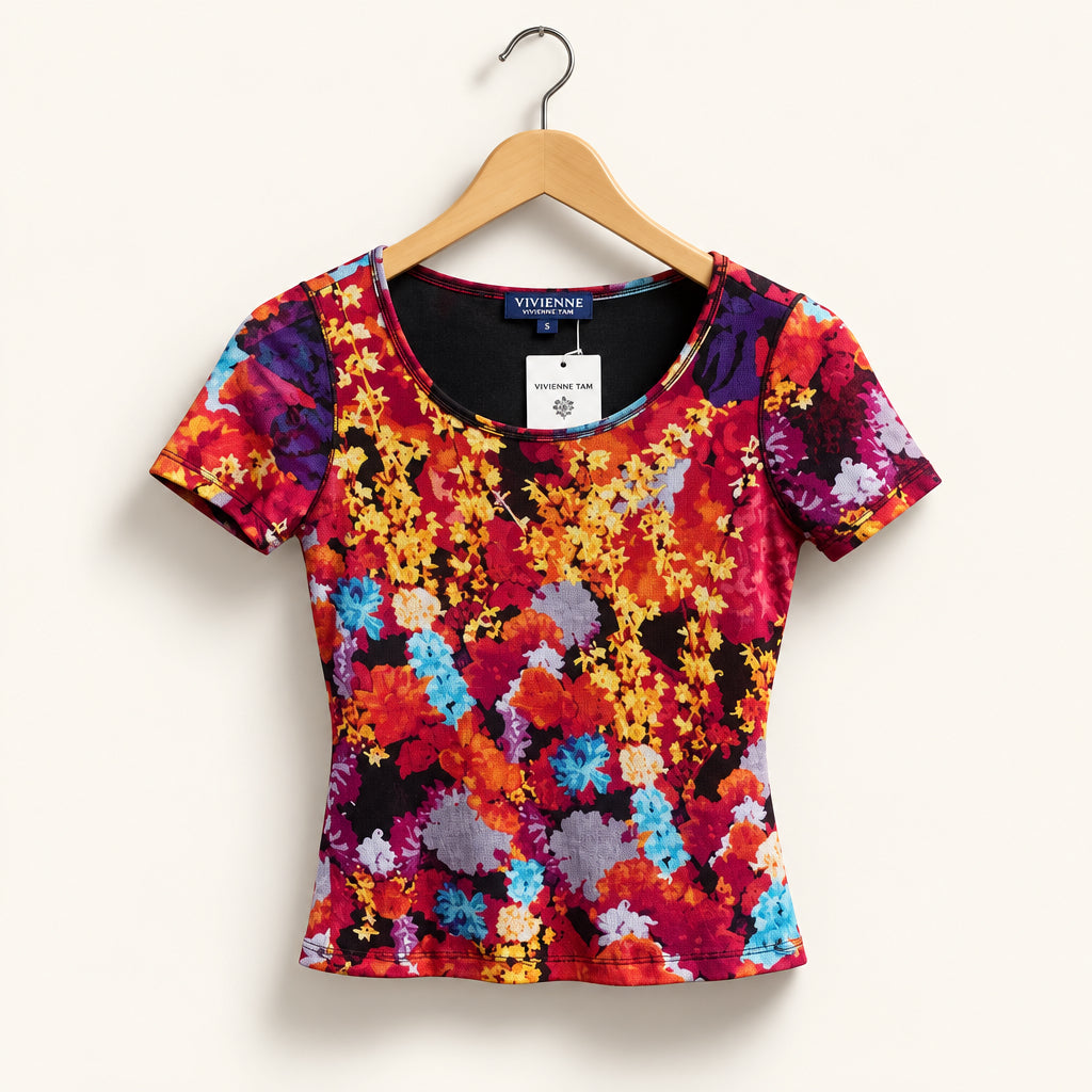 Vivienne Tam T-shirt Floral Design Red/Orange/Purple/Blue Ladies Size XS