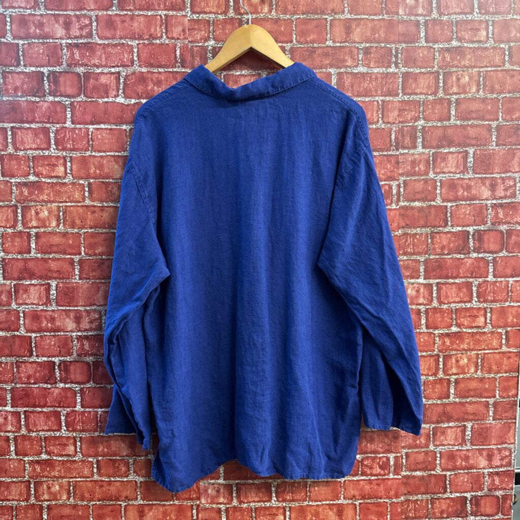 Vintage Chicos Design 100% Linen Button Up Blouse Blue Ladies Size 2