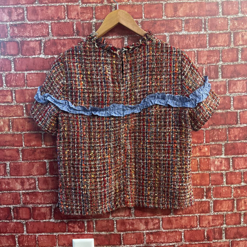 Zara Top Short Sleeve Knit Stripe Ruffle Brown/Blue/White/Multi Ladies Size S