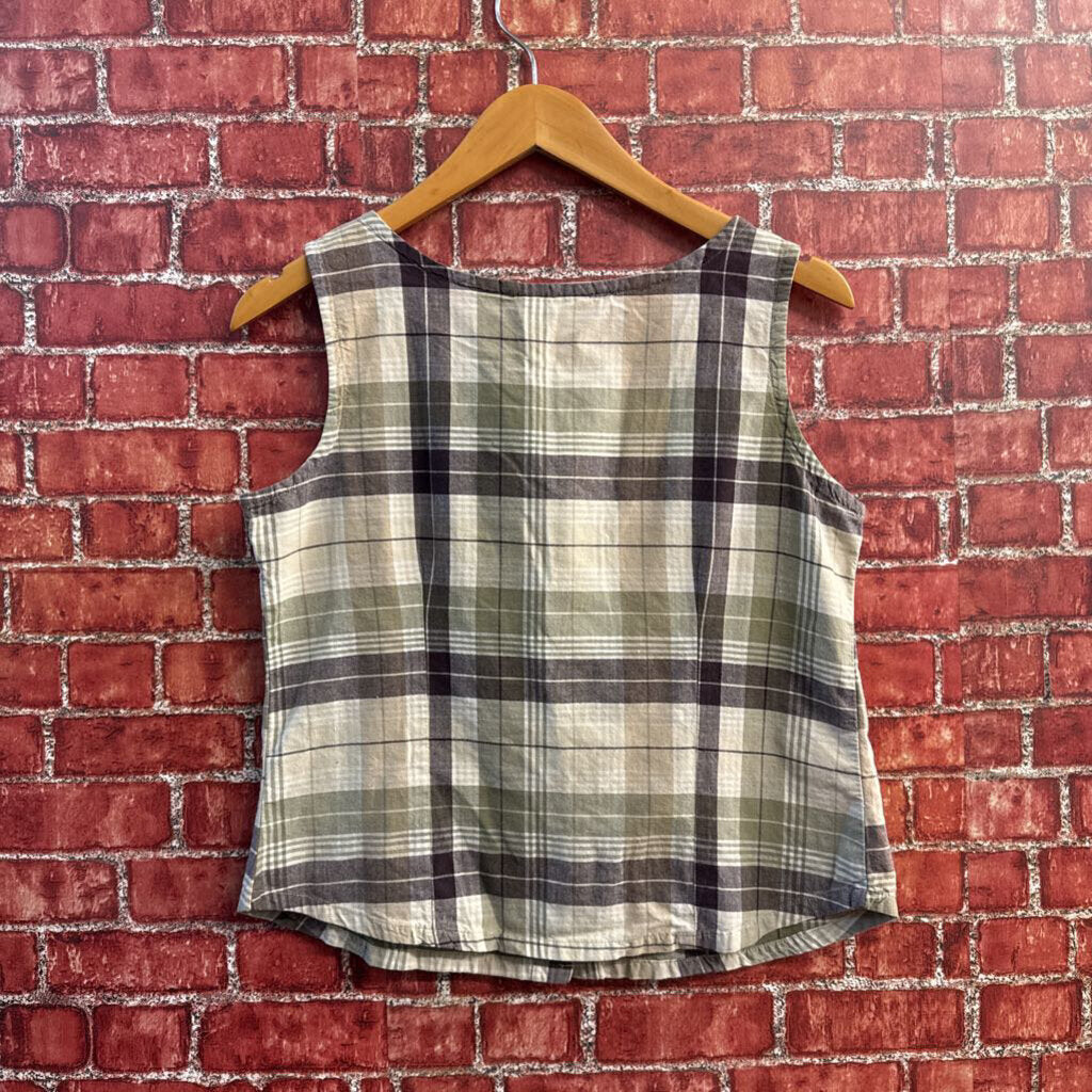 Faded Glory Tank Plaid Button Up Tan/Olive Ladies Size M