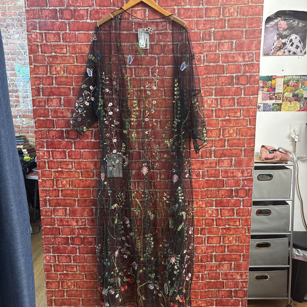 Sheer Cardigan Maxi Length Mesh Floral Embroidered Black/Multi Ladies Size 3XL