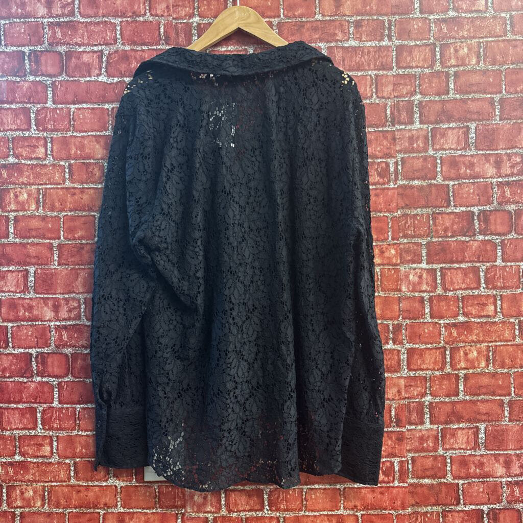 Zara Blouse Neck Tie Lace Floral Black Size XXL