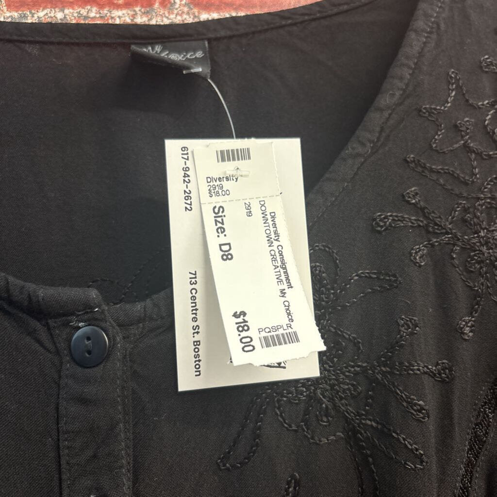 My Choice Top Short Sleeve Buttons Embroidered Black Ladies Size 2X