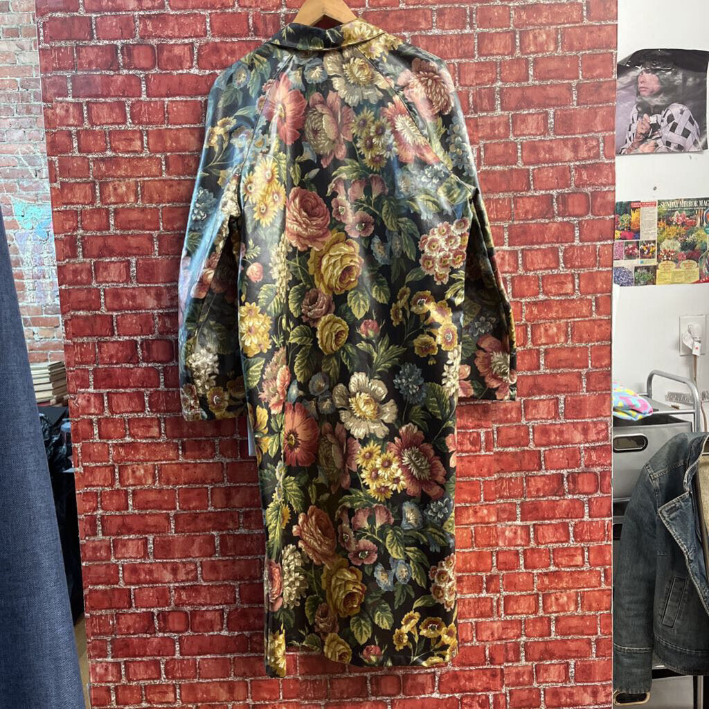 Vintage Nordic House Design Floral Long Jacket/Raincoat Green/Yellow/Pink/Multi Ladies Size XL