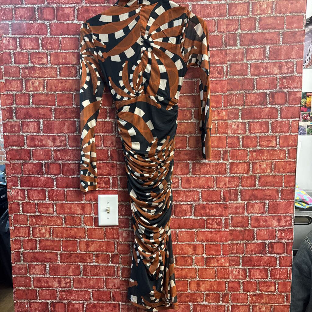 Farm Rio Midi Dress Geometric Pattern Orange/Black/White Ladies Size XS