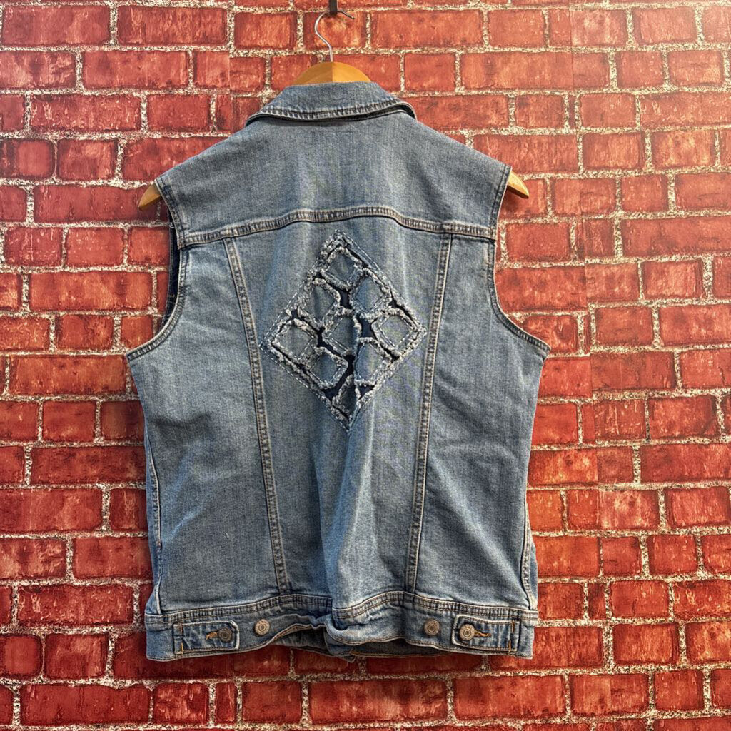 Old Navy Vest Denim Patchwork/Mending Blue/Dark Blue Ladies Size L