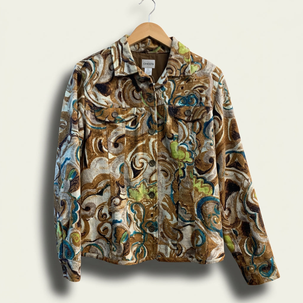 Chico's Lite Jacket Floral Brown/Teal/Green Ladies Size 1