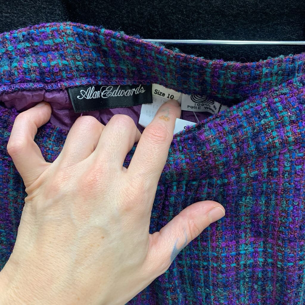 Alan Edwards Vintage Midi Skirt Wool Tweed Purple/Teal Ladies Size 10