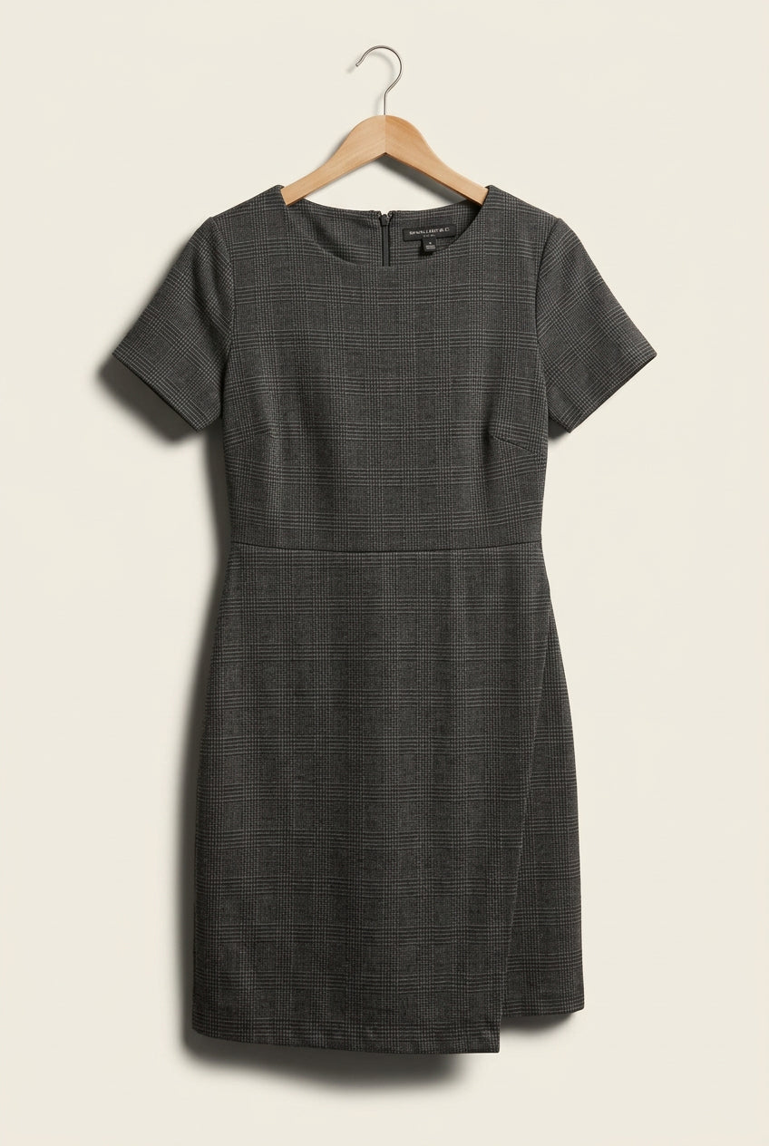 Banana Republic Midi Dress Short Sleeve Plaid/Herringbone Grey Ladies Size 2P