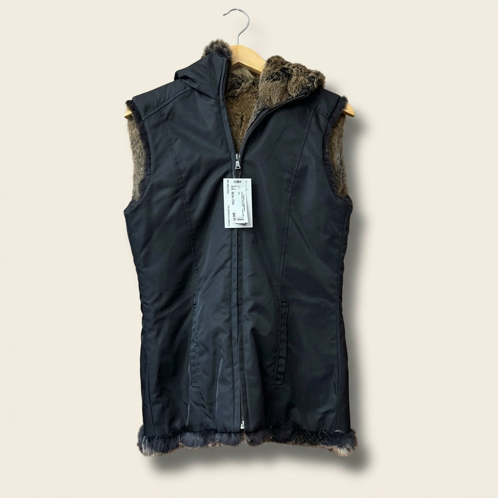 Andrew Marc Rabbit Fur Vest Hood Fur Inside Nylon Outside Reversible Black/Brown Ladies Size S