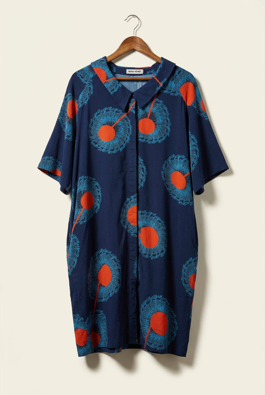 Henrik Vibskov Midi Dress Short Sleeve Circles Blue/Orange Ladies Size 2XL