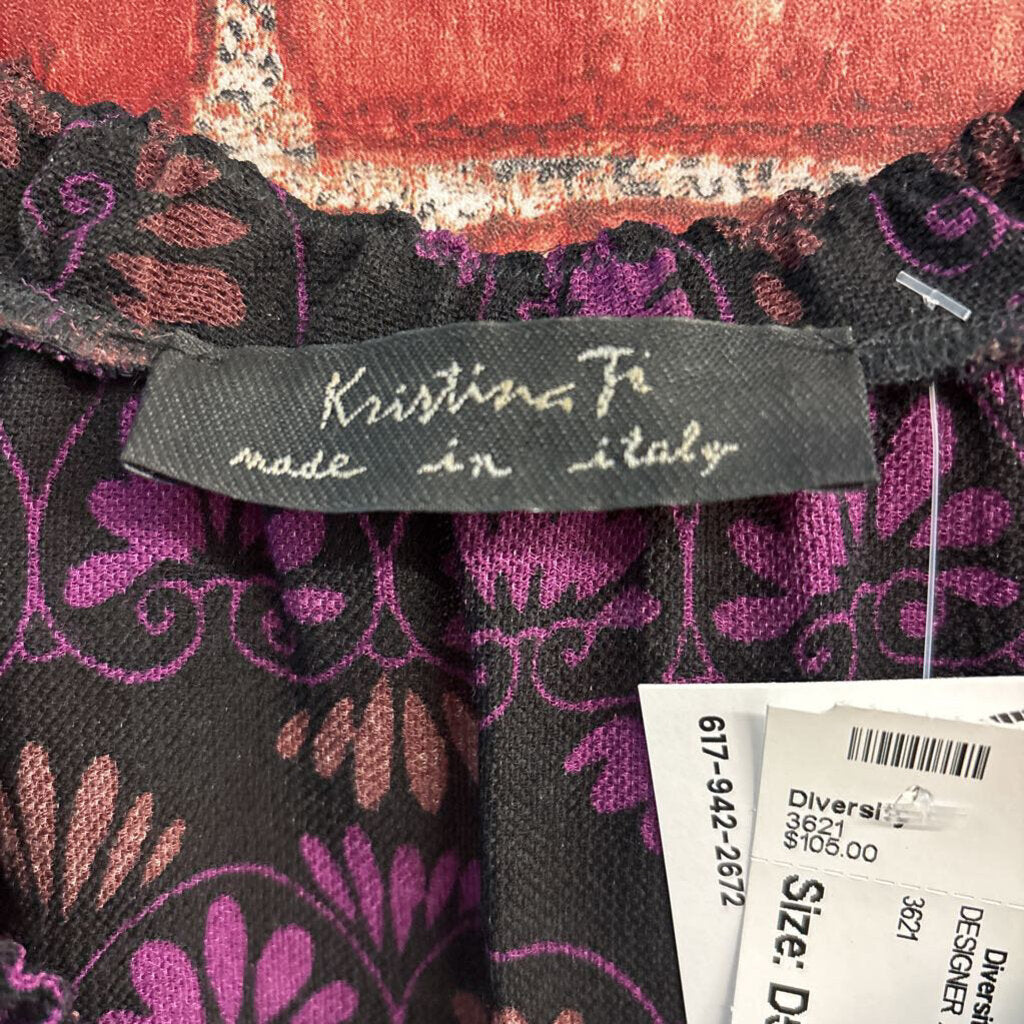 Kristina Ti Midi Dress Silk/Wool Blend Damask Pattern Black/Purple Ladies Size L