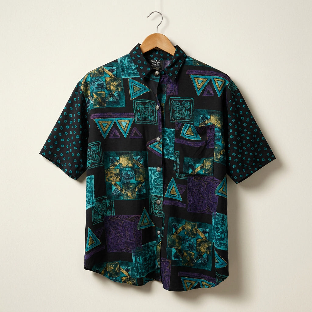 Michele Leslie Abstract Pattern SS Button Up Ladies Size L