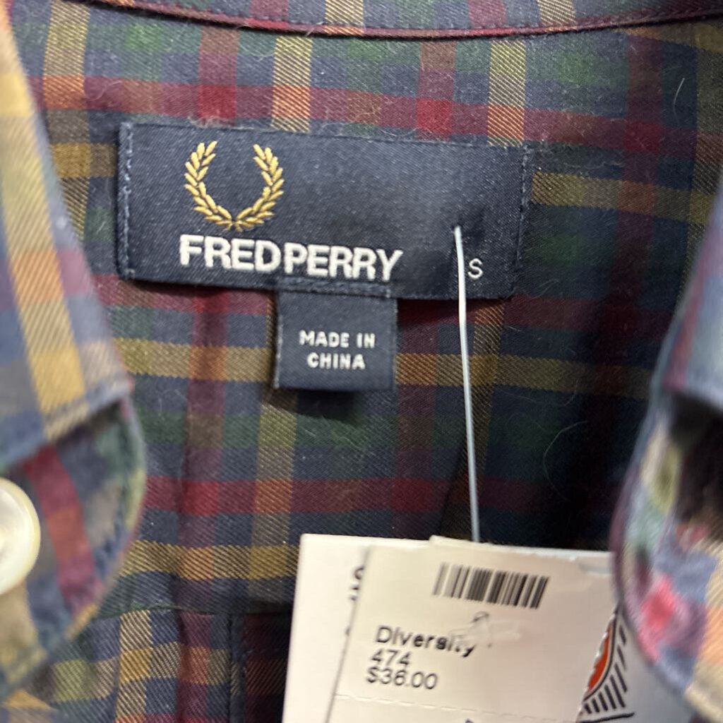 Fred Perry Plaid Button Down Long Sleeve Blue/Red/Yellow/Green Ladies Size S