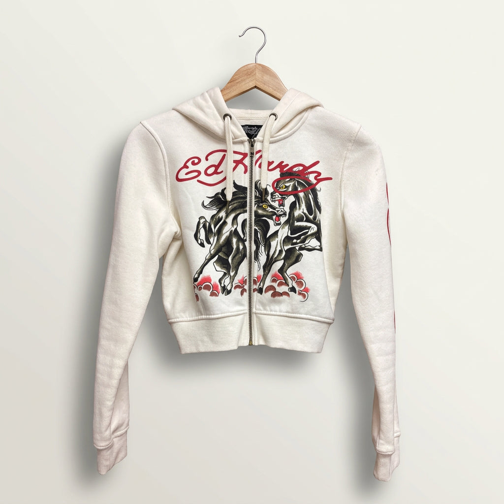 Ed Hardy Zip Up Graphic Design Cream/Red/Black Ladies Size M