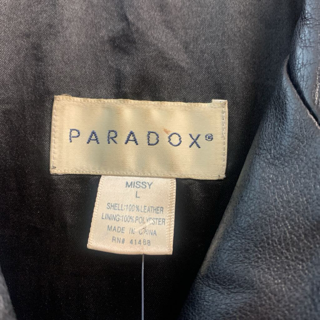 Paradox Double-Breasted Mid Length Leather Coat Black Ladies Size L