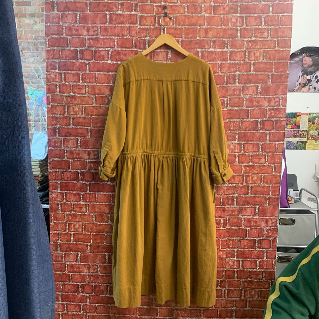 A Mente 3/4 Sleeve Midi Gathered Dress Button Front Mustard Yellow Size S/M