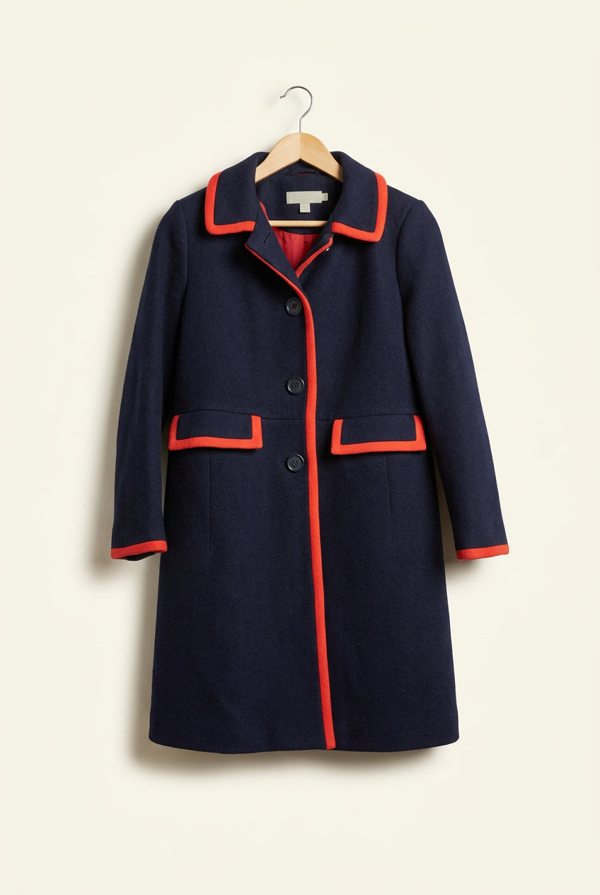 Boden Trim Detail Wool Coat Navy/Red Ladies Size 10P