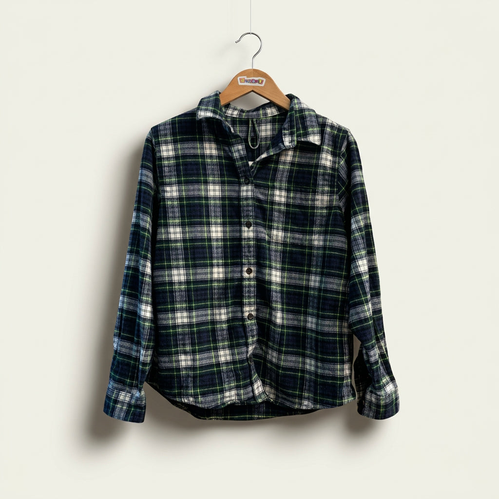 LL Bean Flannel Plaid Navy/Green/White Ladies Size S